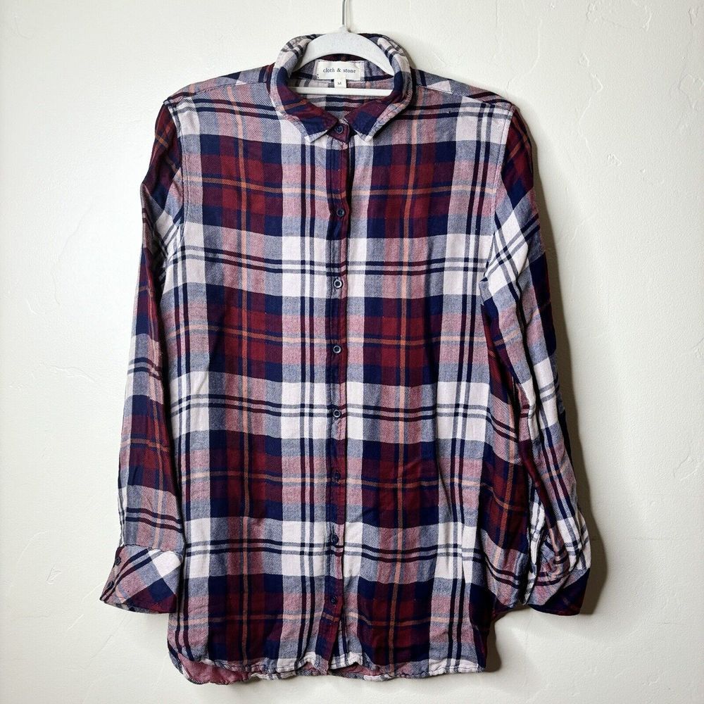 Cloth & Stone Top Womens M Red Navy Plaid Tencel L/S Button-Up High Low Hem Soft